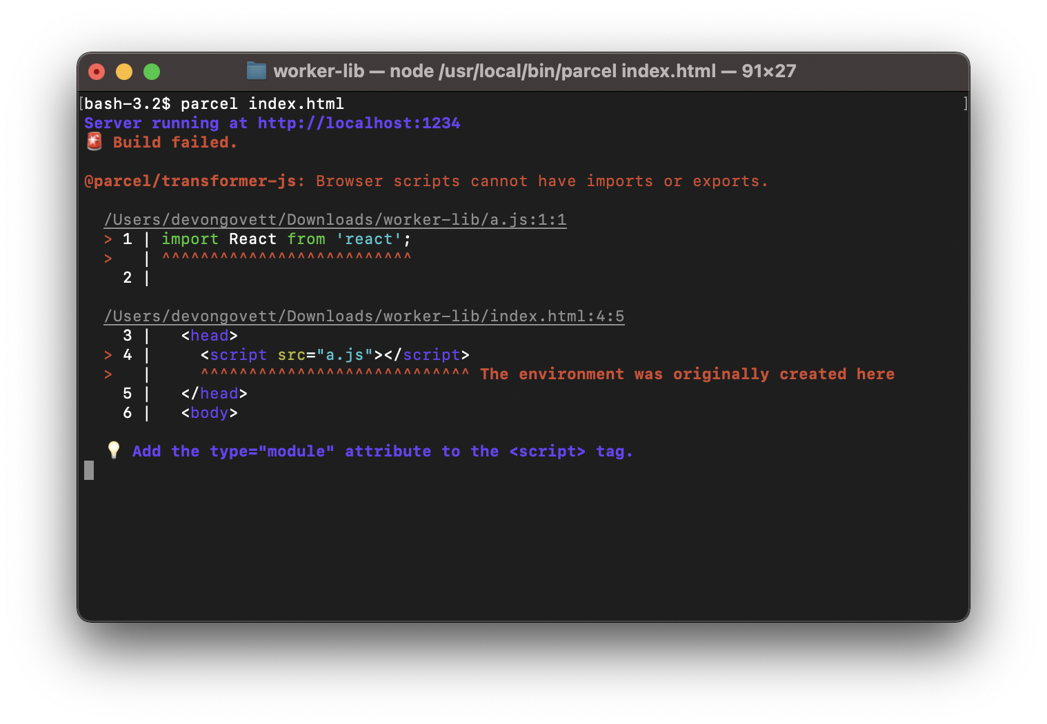 Screenshot of an error message showing "Browser scripts cannot have imports or exports. Add the type='module' attribute to the script tag."